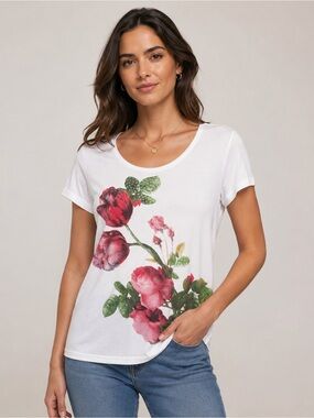 high fashion women’s white floral rhinestone t-shirt size 42